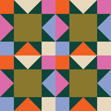 Geometric quilt block seamless pattern built from squares, triangles and diamonds. Patchwork traditional tile in a modern style and colors. Bold colour-blocked forms texture. Retro-inspired design