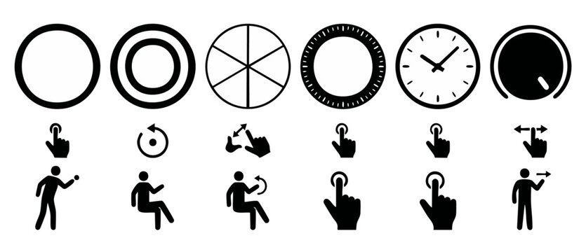 User interface gesture icon set depicting circular controls, touch screen hand finger movements, rotary dials, and interactive human actions for clean modern technology manual dashboard designs.