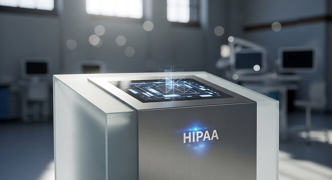 Modern HIPAA compliant medical console in a digital healthcare facility illustrating data security and patient privacy protection technology