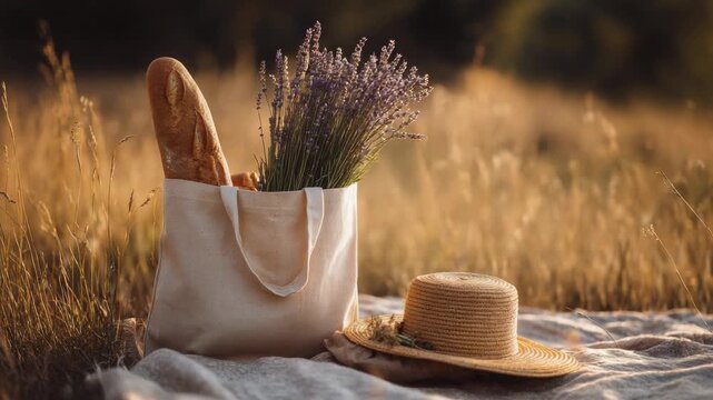 Summer picnic in the field with a bag of bread and lavender flowers next to a straw hat on a blanket