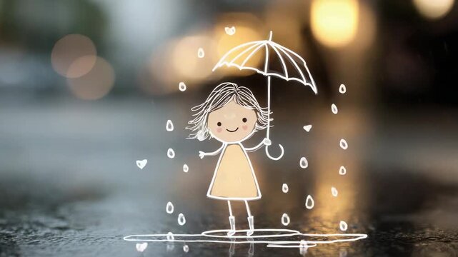 Little girl with an umbrella enjoys the rain in a city street during a rainy day