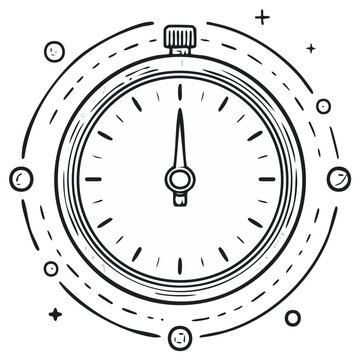 Stylized line drawing of a stopwatch with second hand at top for timing, speed and performance illustration