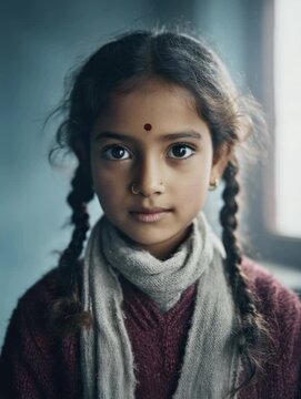 Young girl with braids and bindi smiles indoors during day time in simple clothing and scarf