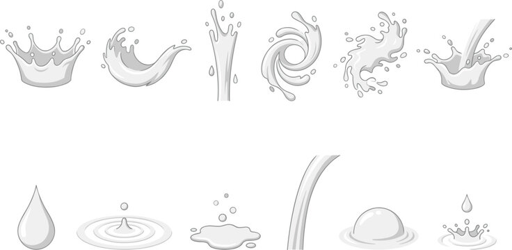Liquid Splash and Water Drop Vector Icon Set with Crown Splashes Wave Swirls Ripples Pouring Streams and Droplets for Milk or Beverage Packaging Designs