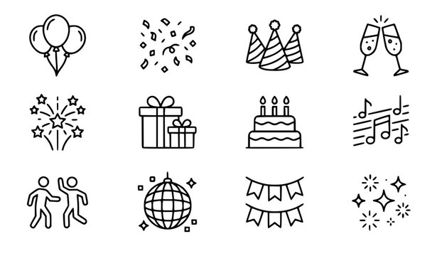 Party and celebration line icon set editable stroke vector EPS transparent background