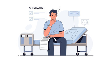 Fototapeta premium Confused Patient Sitting in Hospital Bed Considering Aftercare Instructions