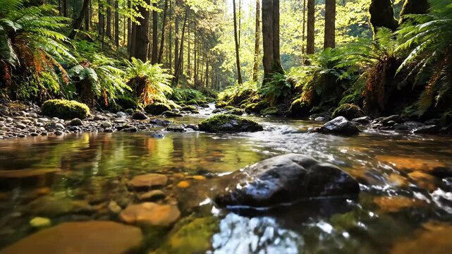 Sunlit stream flows through a lush green temperate rainforest with vibrant ferns and mossy rocks