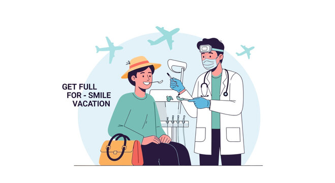 Dental tourism concept: happy patient at dentist, airplanes, beach bag, smile vacation