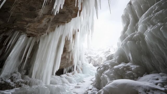 Ice formations inside a cave with bright light shining in on a winter day