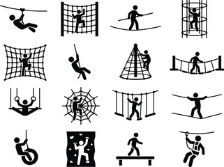 Set of obstacle course icons featuring people climbing nets, ropes, and navigating high ropes adventure park challenges © IconicCreations