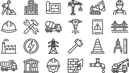 Set of professional construction and engineering line icons featuring building site machinery, safety equipment, and industrial tools © IconicCreations