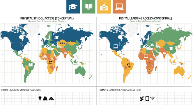 Educational infographics compare global physical school access versus digital learning infrastructure across continents.
