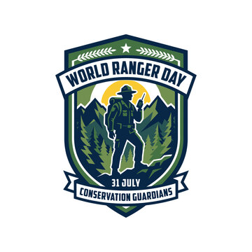 Ranger emblem with mountain silhouette and forest trees a vintage style vector illustration on a white background mountains warden conservation guardians
