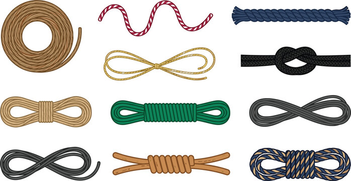 Rope Coils and Twisted Cord Vector Set with Nautical Knots, Colorful Ties, and Marine Cables for Sailing, Climbing, and Decorative Design Elements