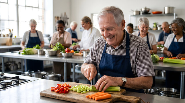 Senior man chopping vegetables in kitchen class with people in background in warm natural lighting for cooking or culinary school