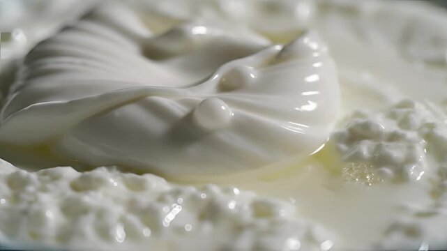 Closeup of creamy yogurt being stirred with a spoon in a bowl.