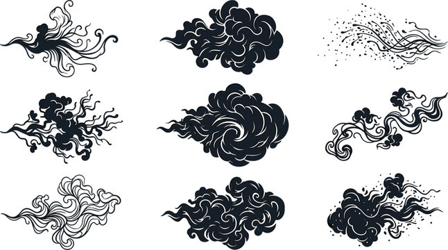 Traditional Oriental Cloud and Smoke Vector Set with Stylized Asian Swirl Waves Wind Currents and Vintage Japanese Tattoo Elements for Graphic Designs