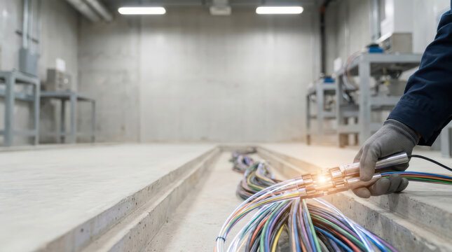 Fiber optic cables in trench with technician hand holding connector for network installation in industrial room