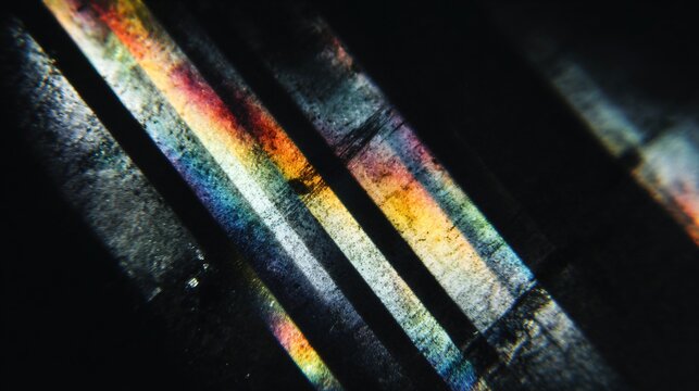 A dynamic abstract composition of vertical and diagonal scratches with faint rainbow-colored light leaks over black grain texture