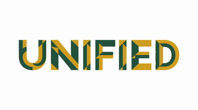 UNIFIED text with geometric pattern in dark green and golden yellow colors on white background