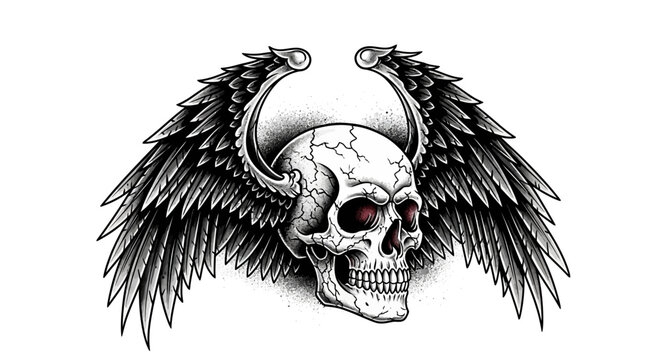 Winged Skull Tattoo Design - Dark Angelic Skeleton with Red Eyes