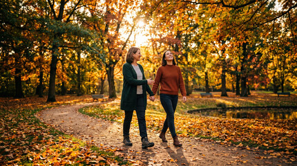 Obraz premium Promoting mental health insurance during autumn walks park setting lifestyle photography warm atmosphere positive perspectives