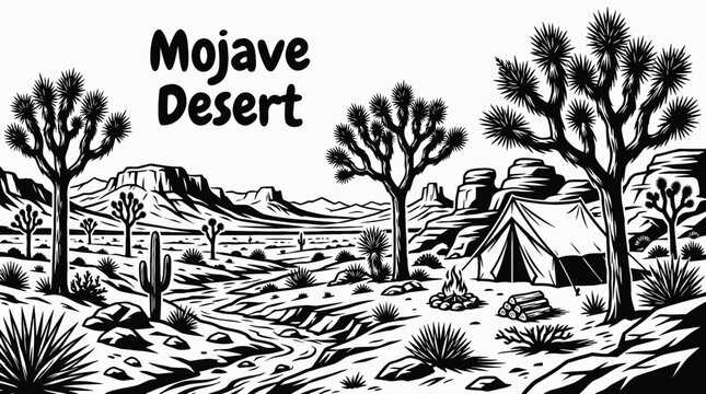 Joshua trees in the Mojave Desert black and white vector representing iconic American desert scenery and unique ecology