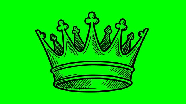 Hand drawn style crown animation featuring a regal crown with black fill and detailed hatch lines on a green screen chroma key background for easy video keying and compositing