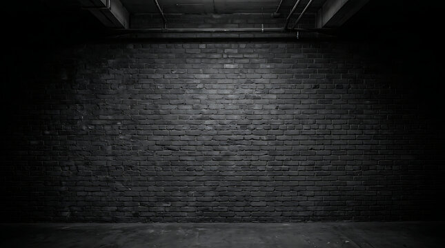 Moody Black and White Brick Wall Background in a Dark Industrial Basement with Dramatic Overhead Lighting Exposed Pipes and Empty Concrete Floor