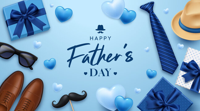 Happy Father&rsquo;s Day Composition Background with Gift Box Tie Hat and Men Accessories