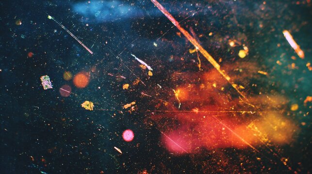 A vibrant overlay texture of vintage 35mm film scratches, dust specks, and colorful light leaks on a dark background for creative stock use