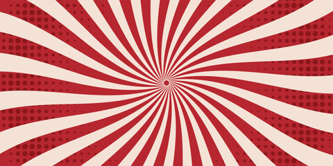 Red comic sunburst effect background with halftone dots. Vintage carnival circus pattern with radial lines. Pop art 70s retro design poster. Vector illustration © achtopik