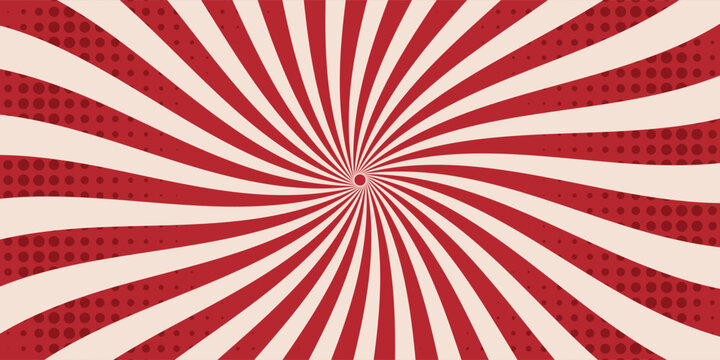 Red comic sunburst effect background with halftone dots. Vintage carnival circus pattern with radial lines. Pop art 70s retro design poster. Vector illustration
