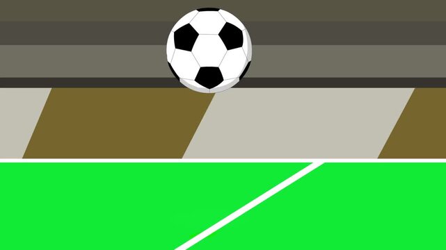Cartoon style animation of a soccer ball bouncing on the field, green, art, vintage, 2D.
