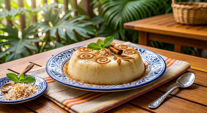 Puerto Rican Tembleque Coconut Pudding with Cinnamon Swirls and Mint Garnish 8K