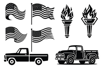 American flags and torches with pickup trucks on white background © RMdesigner71