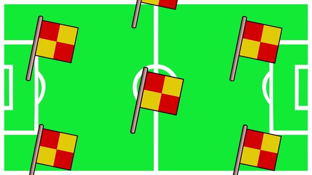 Cartoon style animation of soccer flags falling on the field, green, art, vintage, 2D.