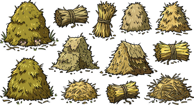 Cartoon Haystack and Straw Bale Vector Icon Set with Hay Bundles and Cute Field Mice for Farm Harvest and Countryside Illustrations