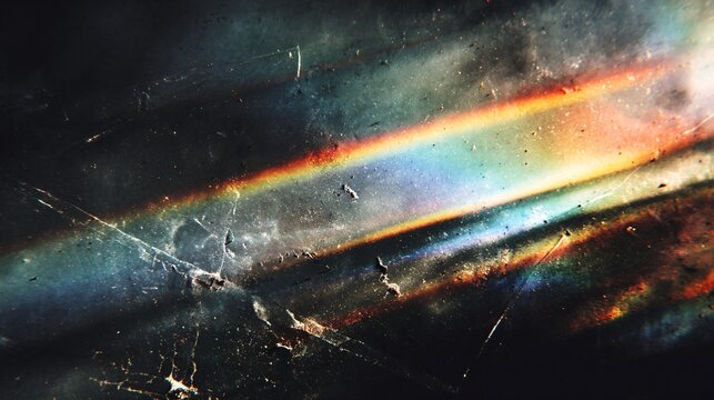 An abstract texture composition with layered scratches, rainbow light leaks, and subtle dust specks on a black background