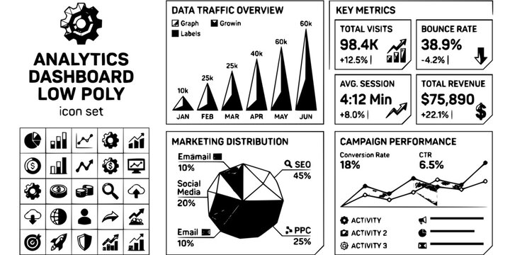 Analytics Dashboard Low Poly Black White-Graph Bar Pie Chart Metric-Data Ad Vector-Analytics Icon Low Poly-Advertising Design Set