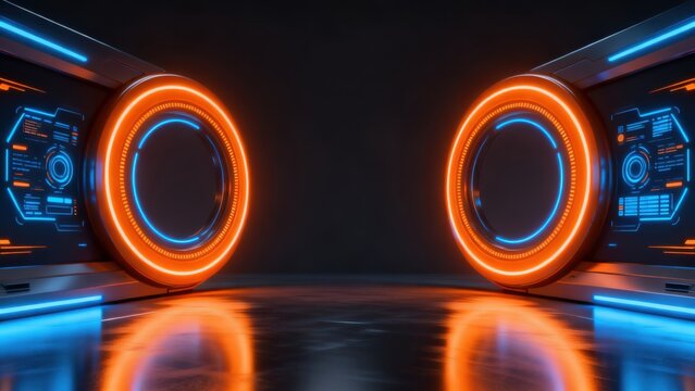 Futuristic glowing circular portals