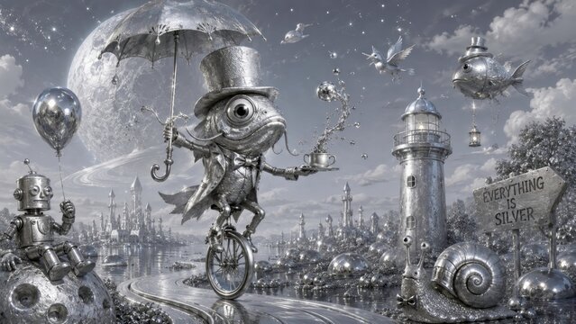 Silver dreamscape with whimsical creatures.