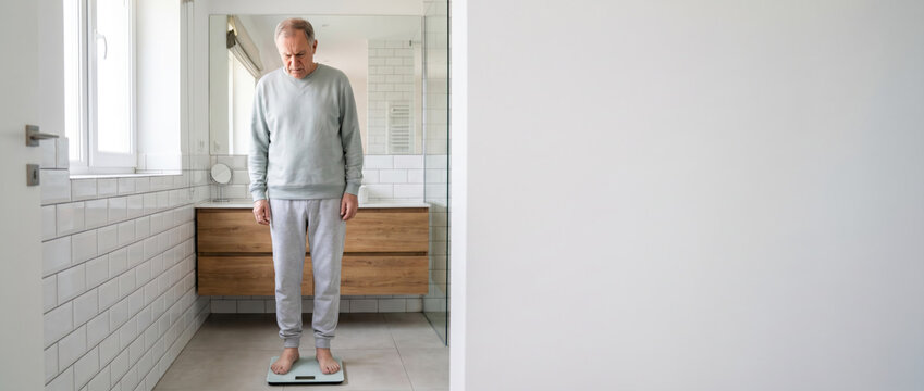 **Senior Man Checking Body Weight for Diabetes Management and Healthy Lifestyle Concept, Copy Space for Text**
