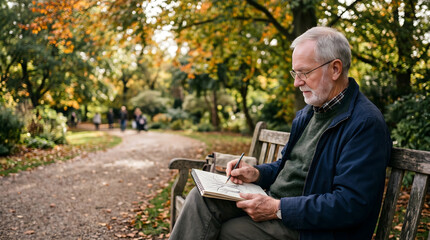 Obraz premium Senior man writing in notebook on wooden park bench in warm sunny outdoor setting with autumn foliage for lifestyle or educational materials