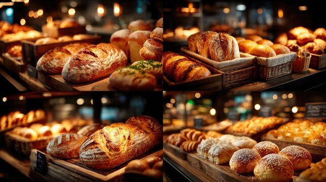 Bakery display with assorted fresh bread and pastries on wooden trays
