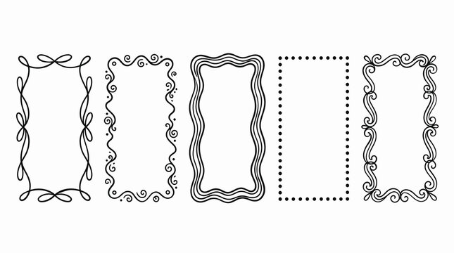 Decorative hand drawn border set, 5 black line art frames, elegant filigree doodle borders, minimalist vertical rectangle frame collection for wedding invitations