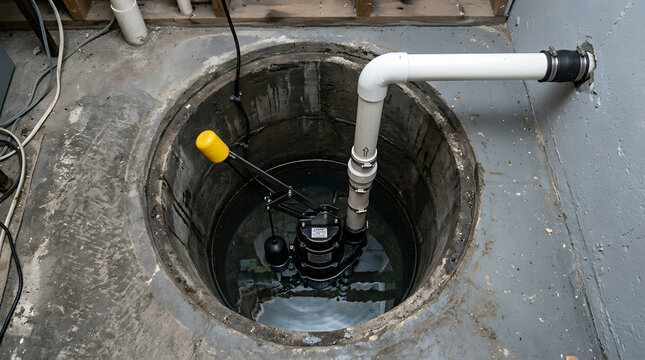 Submersible sump pump installed in a basement pit | Professional home flood prevention drainage system | Automatic water removal pump with float switch | Residential plumbing and utility room setup