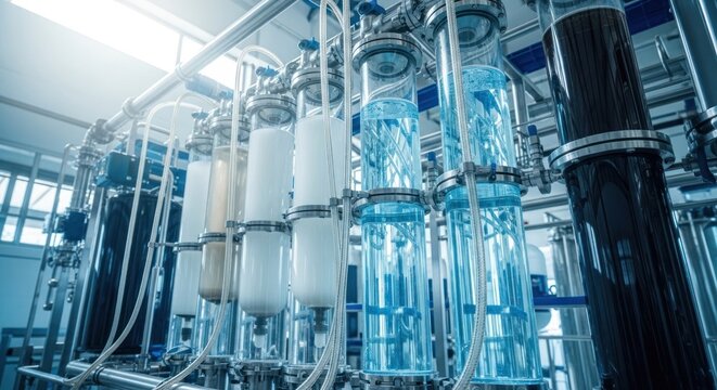 Modern Industrial Chemical Production Facility with Blue Liquid Flowing Through Glass Tubes.