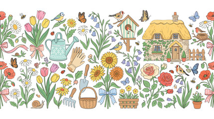 Cottagecore garden seamless border vector, hand drawn floral pattern with country house and birds, spring gardening illustration for stationery © DesignAura