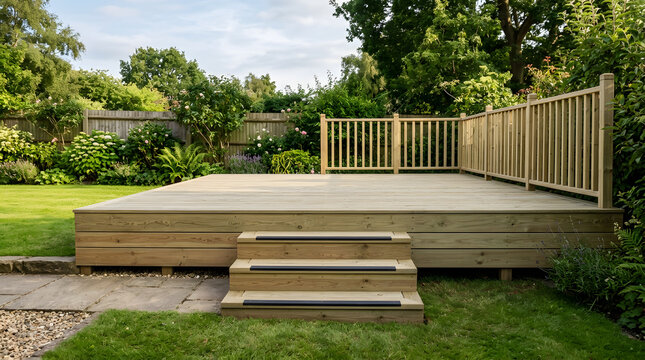 Modern wooden garden deck with timber railing and stairs | Outdoor living space in a lush green backyard landscape | Beautiful residential patio design for home improvement and relaxation